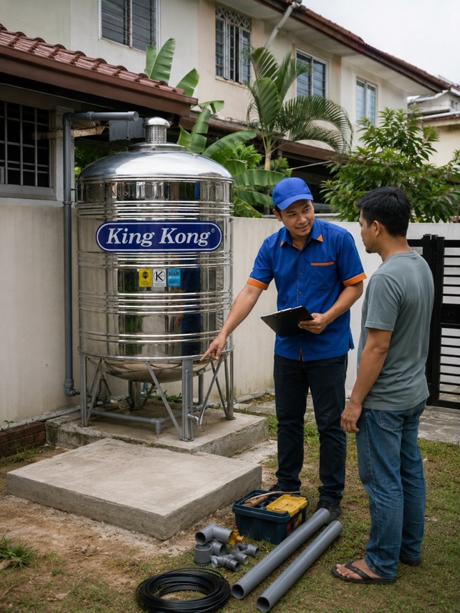 Site visit percuma — team semak tapak tangki air bersama pelanggan